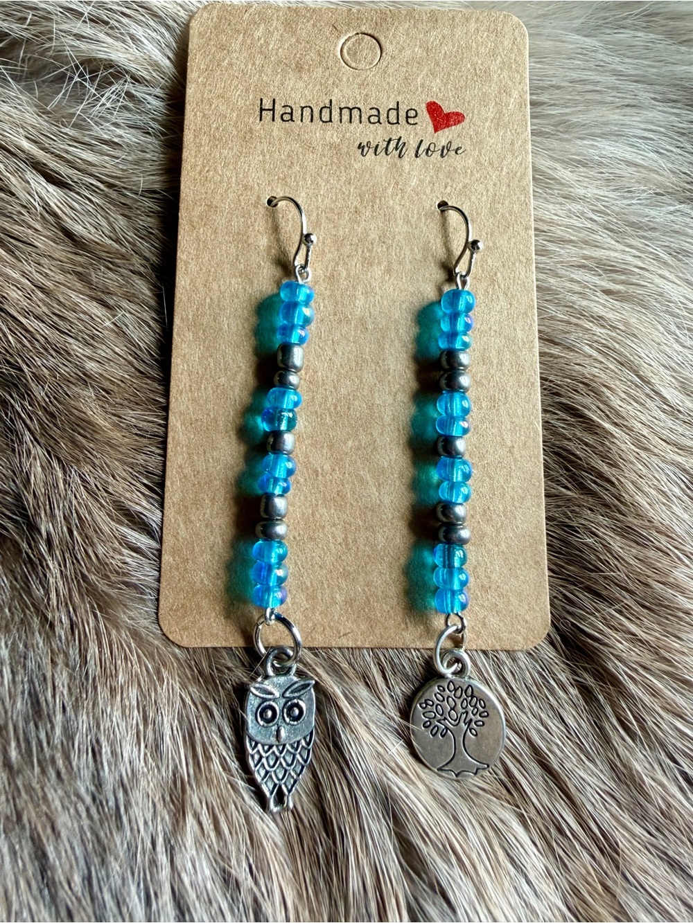 Handmade Blue Beaded Owl & Tree Charm Drop Earrings